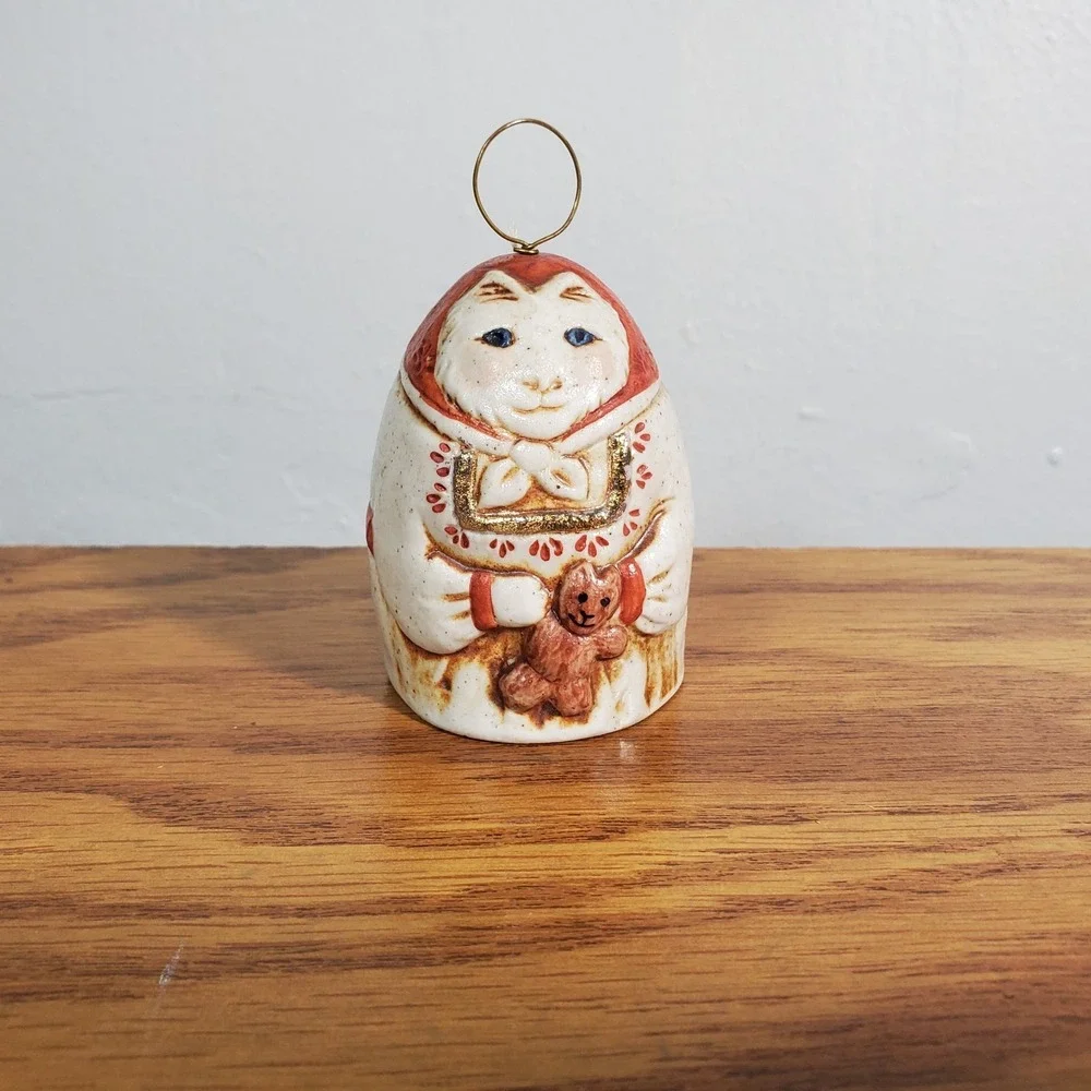 Vintage Salamander Cat Kitten Teddy Bear Egg Shaped Christmas Ornament Bell 1980